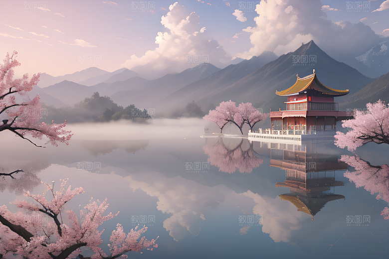 中国宫殿景观如画桃花池中的浪漫奇观