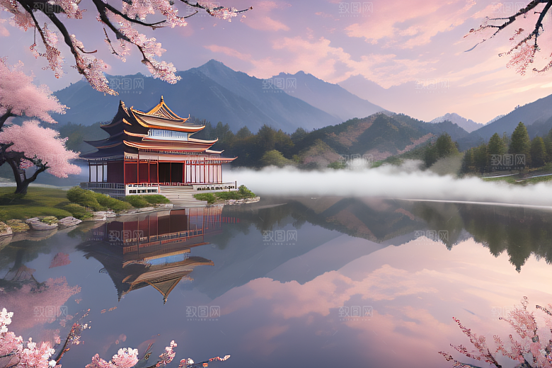 中国宫殿景观如画桃花池中的浪漫奇观