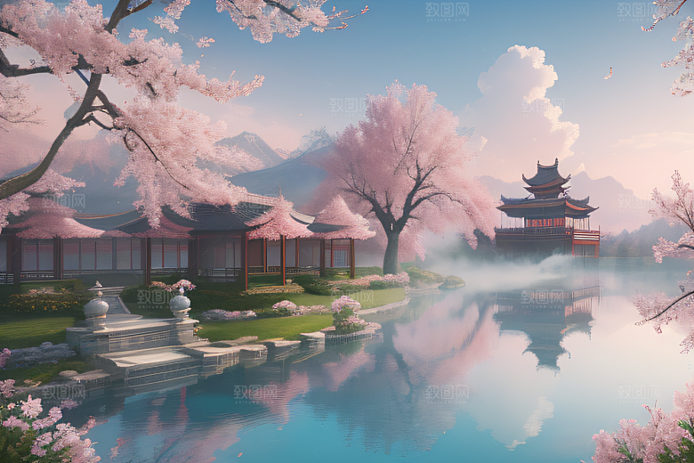 中国宫殿景观如画桃花池中的浪漫奇观