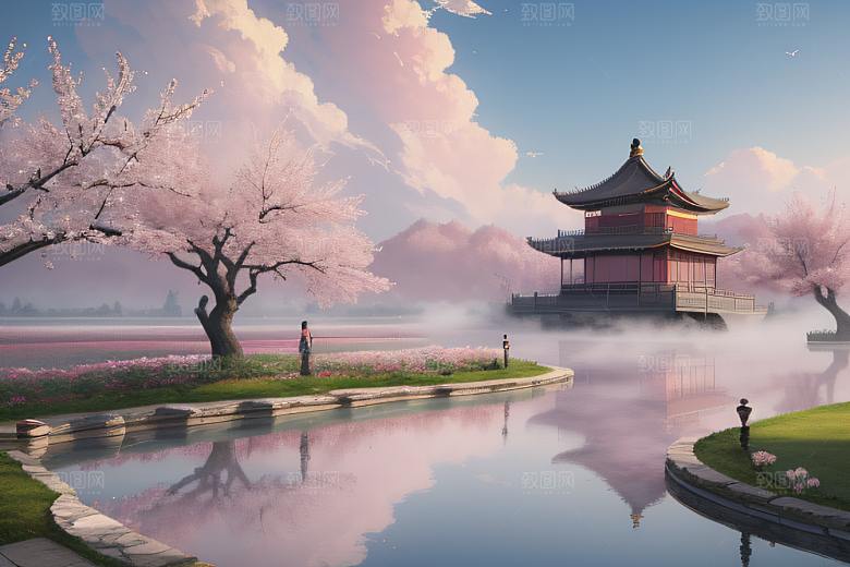 中国宫殿景观如画桃花池中的浪漫奇观