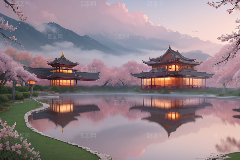 中国宫殿景观如画桃花池中的浪漫奇观
