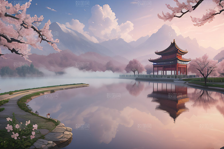 中国宫殿景观如画桃花池中的浪漫奇观