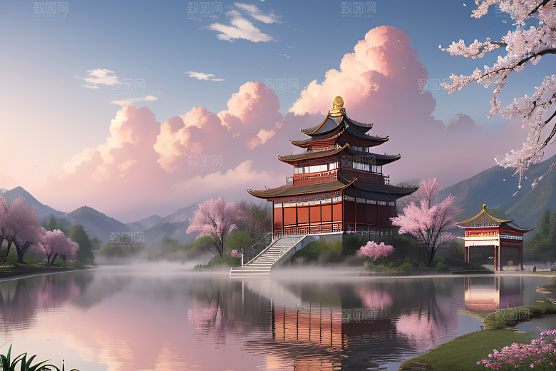 中国宫殿景观如画桃花池中的浪漫奇观