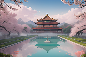 中国宫殿景观如画桃花池中的浪漫奇观