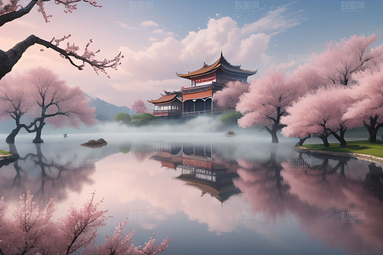 壮美的中国宫殿画卷桃花湖泽无边