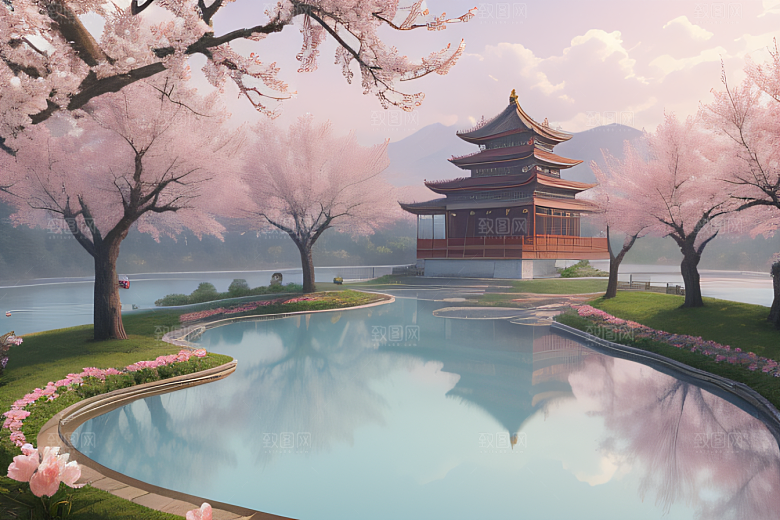 壮美的中国宫殿画卷桃花湖泽无边