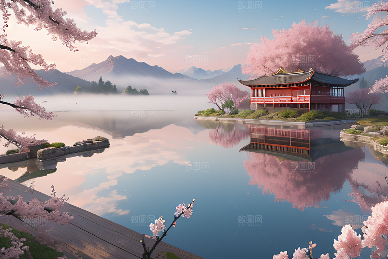 壮美的中国宫殿画卷桃花湖泽无边