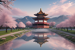 壮美的中国宫殿画卷桃花湖泽无边
