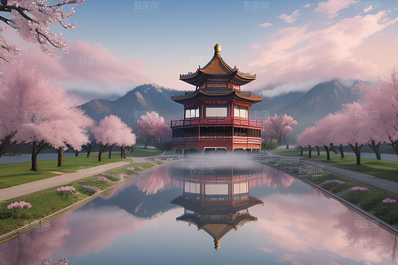 壮美的中国宫殿画卷桃花湖泽无边