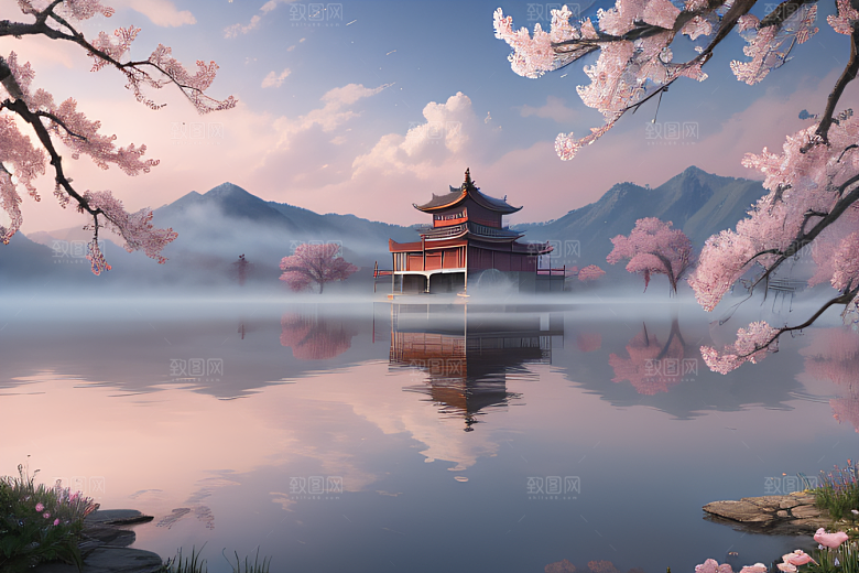 壮美的中国宫殿画卷桃花湖泽无边