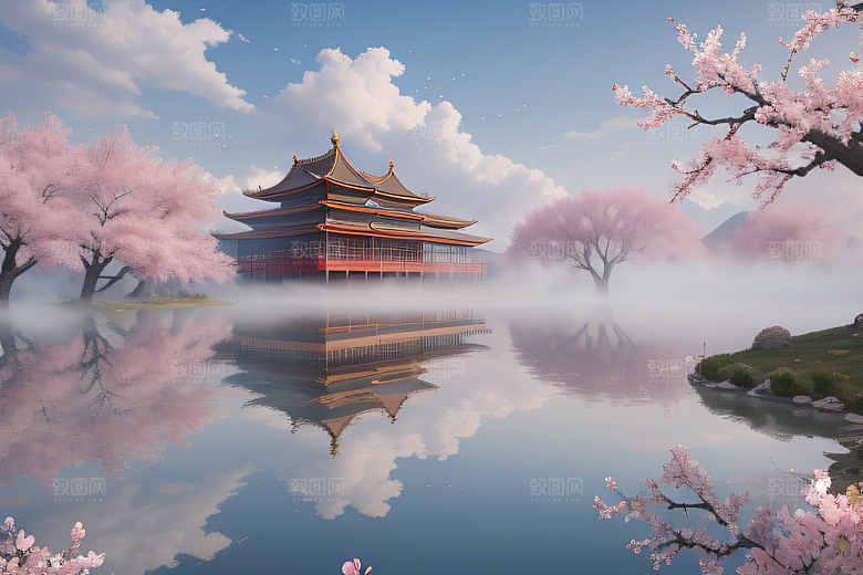 壮美的中国宫殿画卷桃花湖泽无边