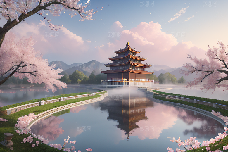 壮美的中国宫殿画卷桃花湖泽无边