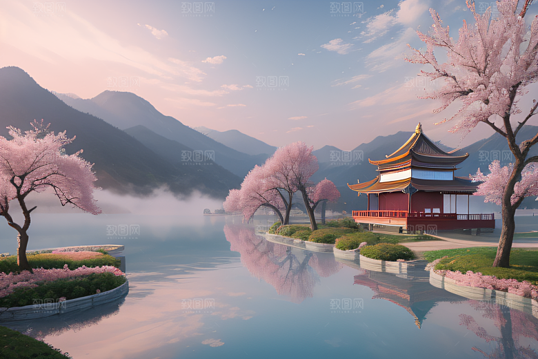 壮美的中国宫殿画卷桃花湖泽无边