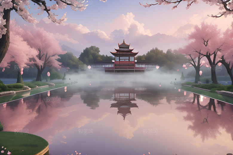 壮美的中国宫殿画卷桃花湖泽无边
