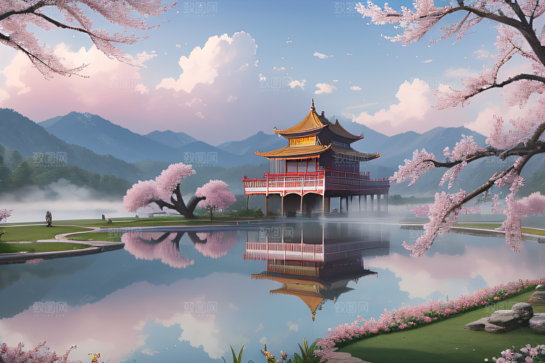 壮美的中国宫殿画卷桃花湖泽无边