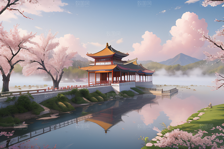 壮美的中国宫殿画卷桃花湖泽无边