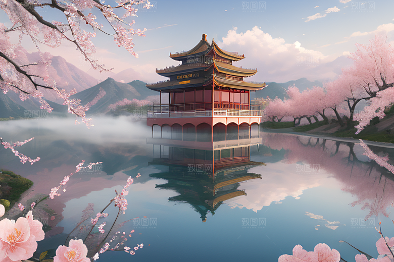 壮美的中国宫殿画卷桃花湖泽无边