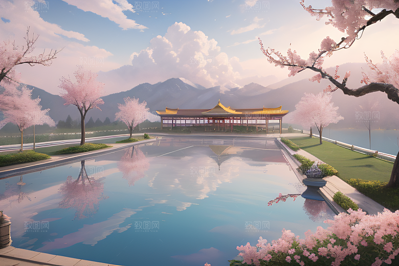 壮美的中国宫殿画卷桃花湖泽无边