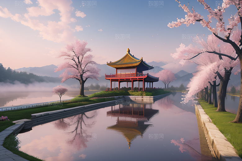壮美的中国宫殿画卷桃花湖泽无边