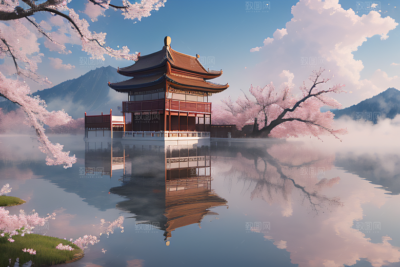 美丽如画的中国宫殿景观桃花池中的浪漫奇观