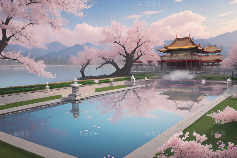 美丽如画的中国宫殿景观桃花池中的浪漫奇观