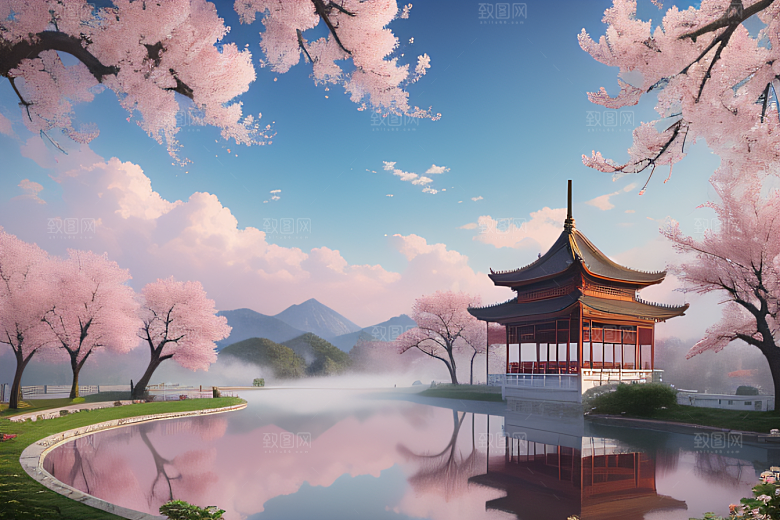 美丽如画的中国宫殿景观桃花池中的浪漫奇观