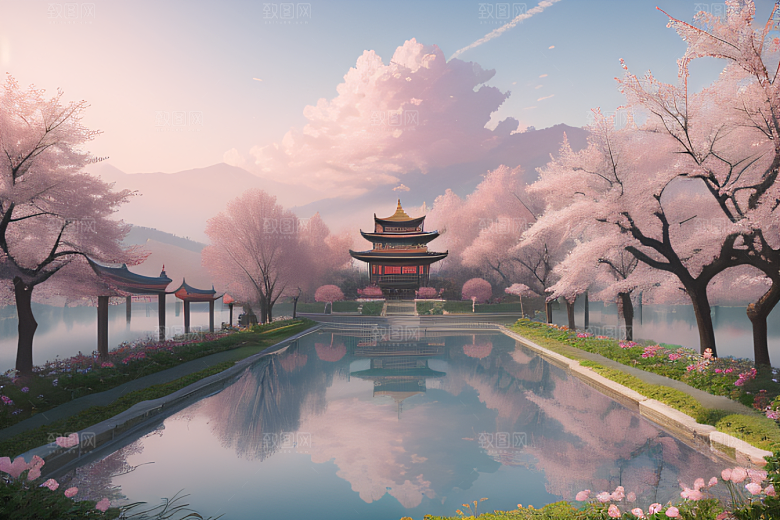 美丽如画的中国宫殿景观桃花池中的浪漫奇观