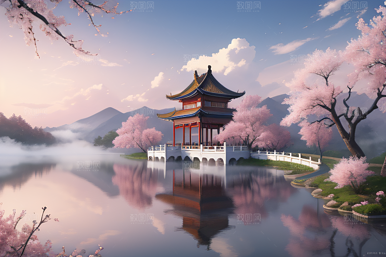 美丽如画的中国宫殿景观桃花池中的浪漫奇观