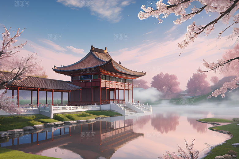 美丽如画的中国宫殿景观桃花池中的浪漫奇观
