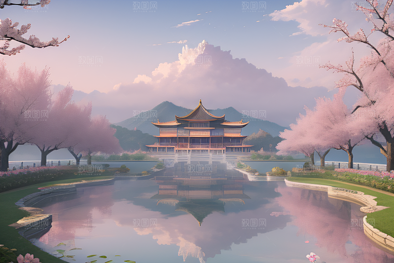 美丽如画的中国宫殿景观桃花池中的浪漫奇观
