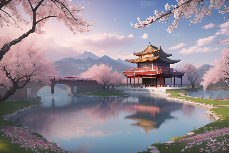 美丽如画的中国宫殿景观桃花池中的浪漫奇观