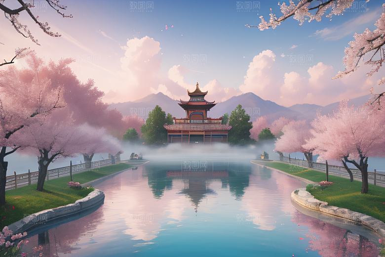 美丽如画的中国宫殿景观桃花池中的浪漫奇观