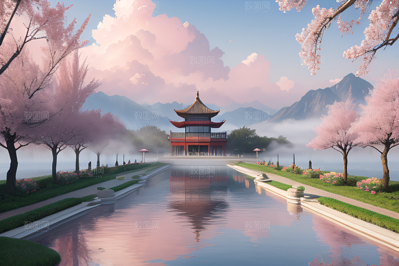 美丽如画的中国宫殿景观桃花池中的浪漫奇观