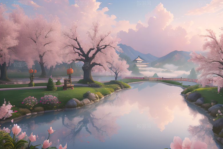 美丽如画的中国宫殿景观桃花池中的浪漫奇观