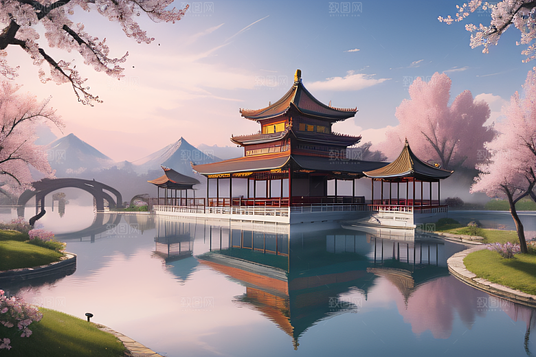 美丽如画的中国宫殿景观桃花池中的浪漫奇观