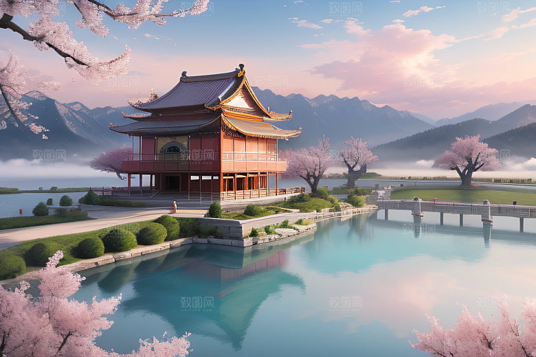 美丽如画的中国宫殿景观桃花池中的浪漫奇观