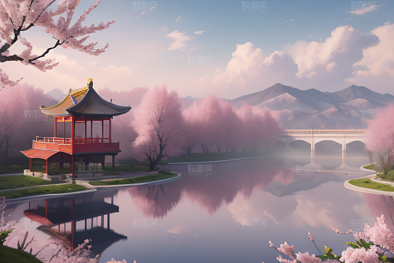 美丽如画的中国宫殿景观桃花池中的浪漫奇观