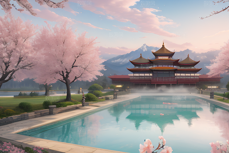 美丽如画的中国宫殿景观桃花池中的浪漫奇观