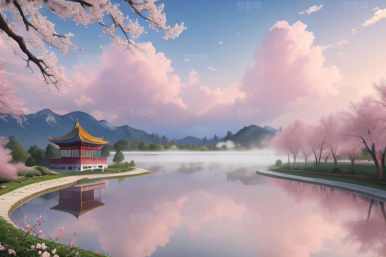 美丽如画的中国宫殿景观桃花池中的浪漫奇观