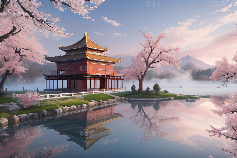 美丽如画的中国宫殿景观桃花池中的浪漫奇观