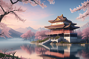 美丽如画的中国宫殿景观桃花池中的浪漫奇观