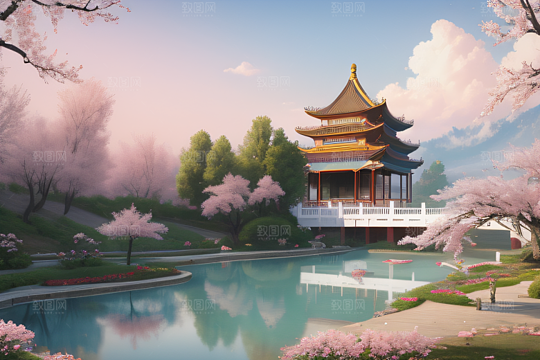 桃花盛开的浪漫画卷中国古宫美景尽收眼底
