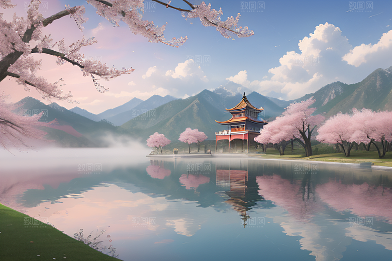 中国古宫美景桃花池中的浪漫画卷
