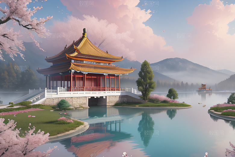 中国古宫美景桃花池中的浪漫画卷