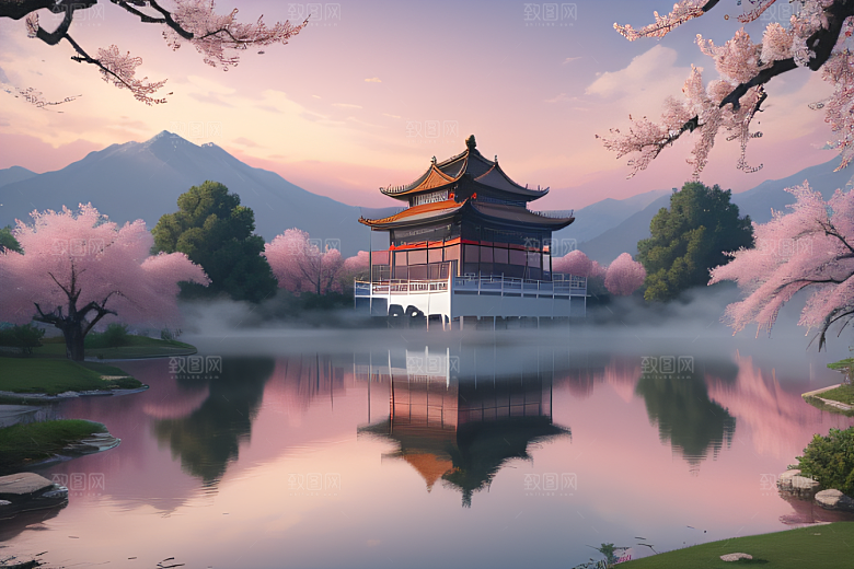 中国古宫美景桃花池中的浪漫画卷