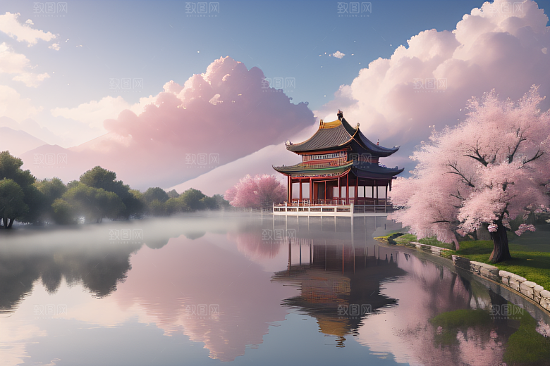 中国古宫美景桃花池中的浪漫画卷