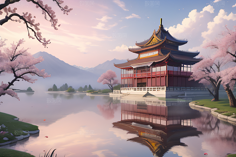 中国古宫美景桃花池中的浪漫画卷