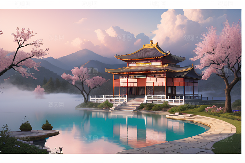 中国古宫美景桃花池中的浪漫画卷