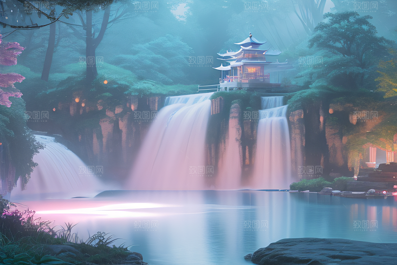 梦幻云端粉色桃花光影流转