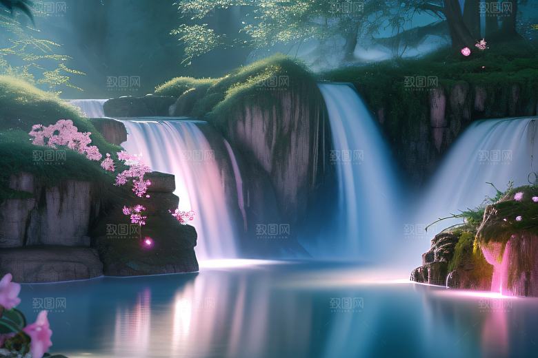 梦幻云端粉色桃花光影流转